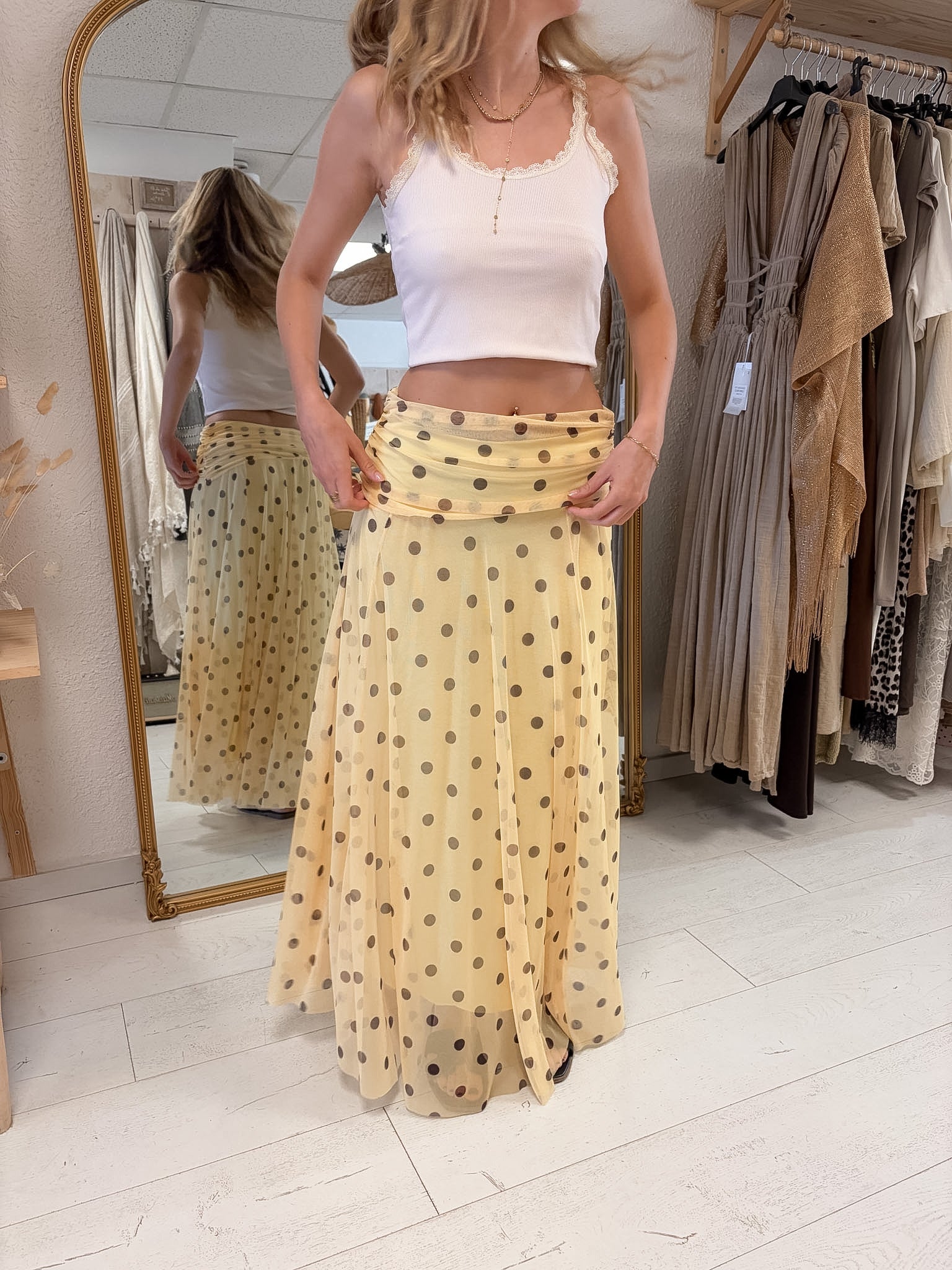 Jupe Elodie longue en tulle à pois jaune pastel