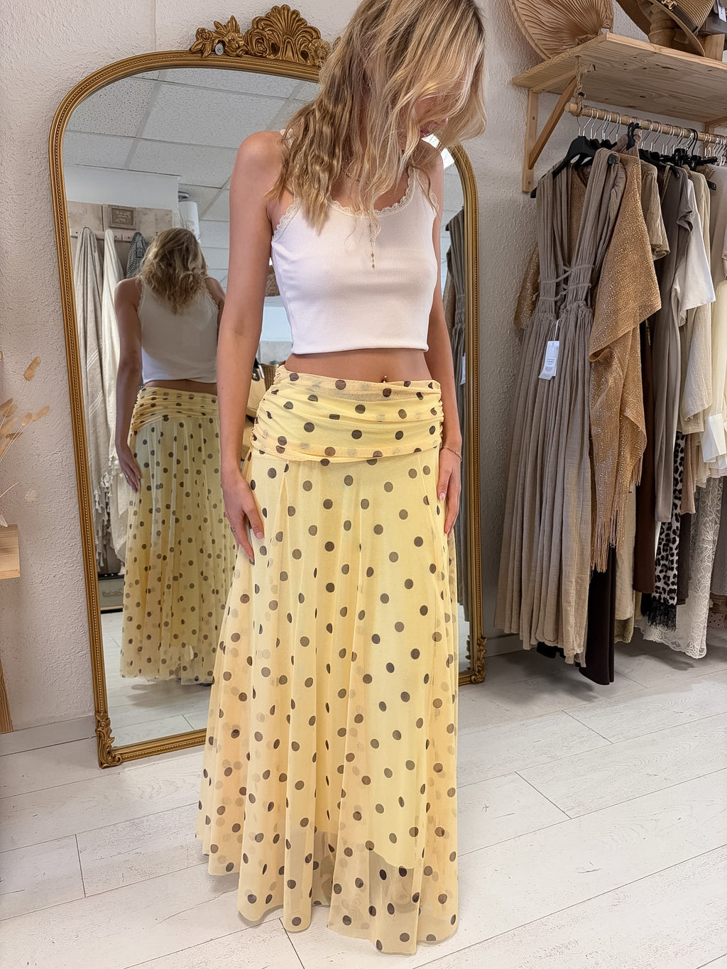 Jupe Elodie longue en tulle à pois jaune pastel