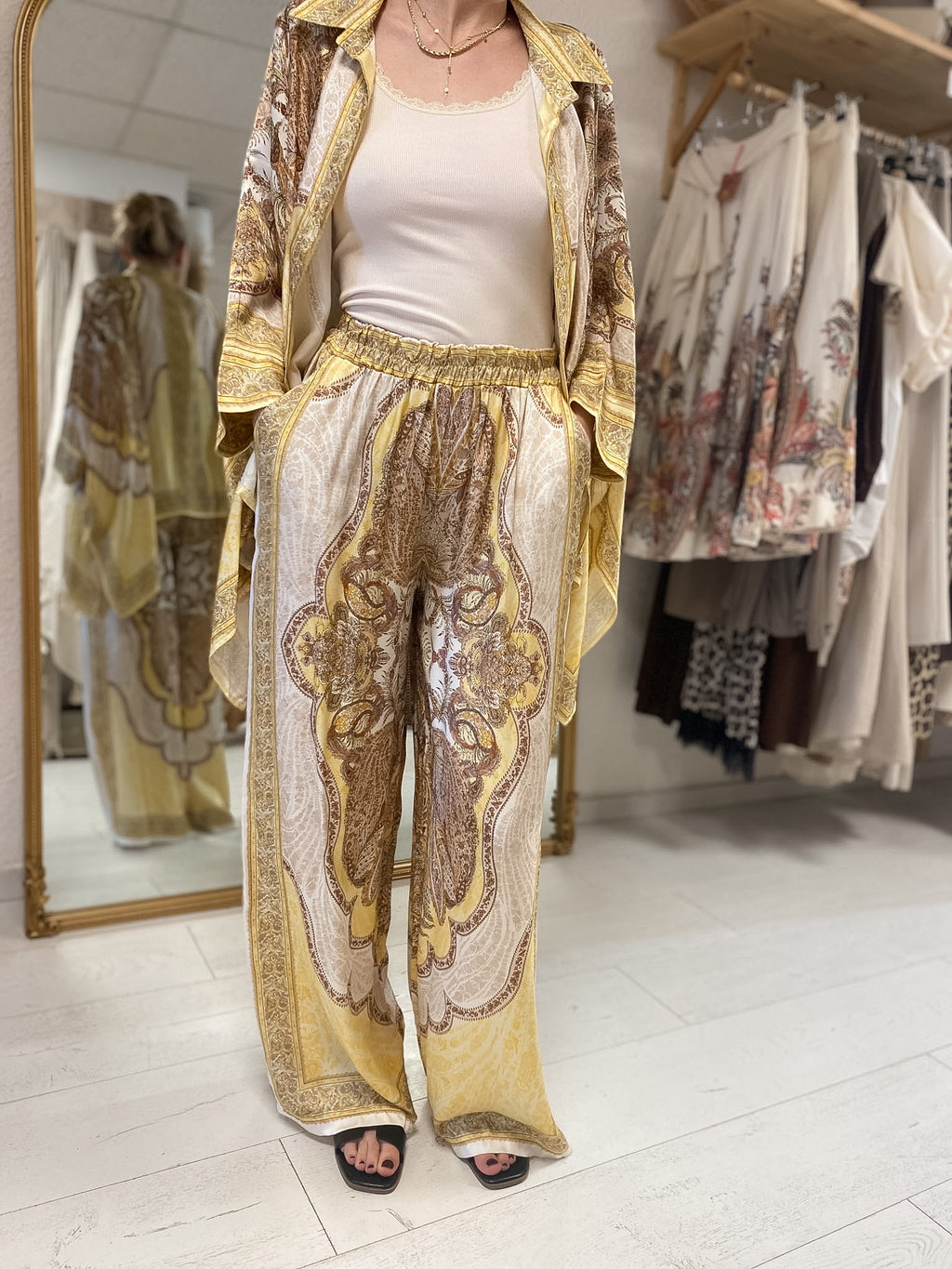 Pantalon fluide imprimé bohème – Tons jaune