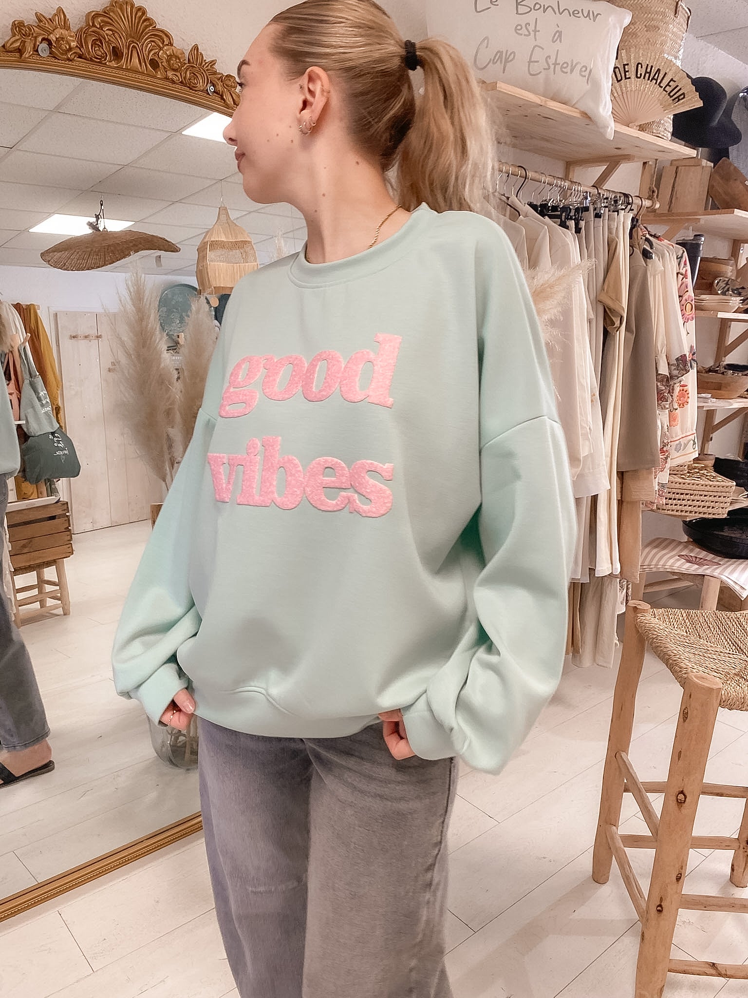 Sweat Good vibes bleu et rose